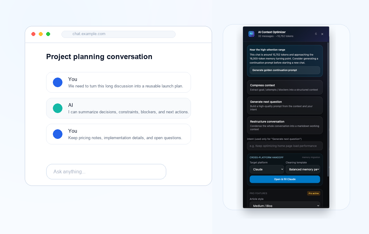 AI Context Optimizer product preview with the current extension panel UI